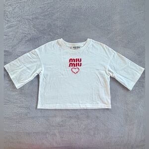 Miu Miu White Red Logo Ogo-Embroidery Cotton T-Shirt Size S